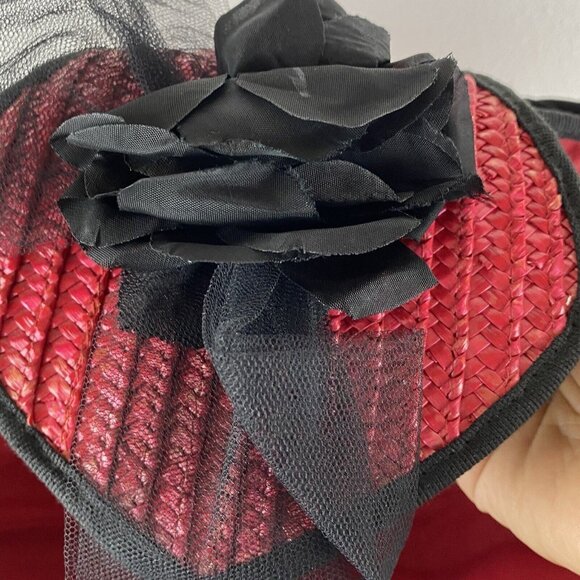 Tropical Beach Resort Chic Red Black Straw Clamshell Shoulder Tote Large Bag VTG - Picture 3 of 13